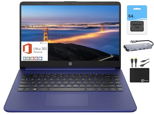 HP Newest 14″ HD Light Thin Laptop Student Business, Quad-Core Intel N4120, 4GB RAM, 128GB (64GB eMMC+ 64GB SD), Webcam, Wi-Fi, Long Battery, Windows 11S + 1 Year Office 365+MarxsolAccessory Blue